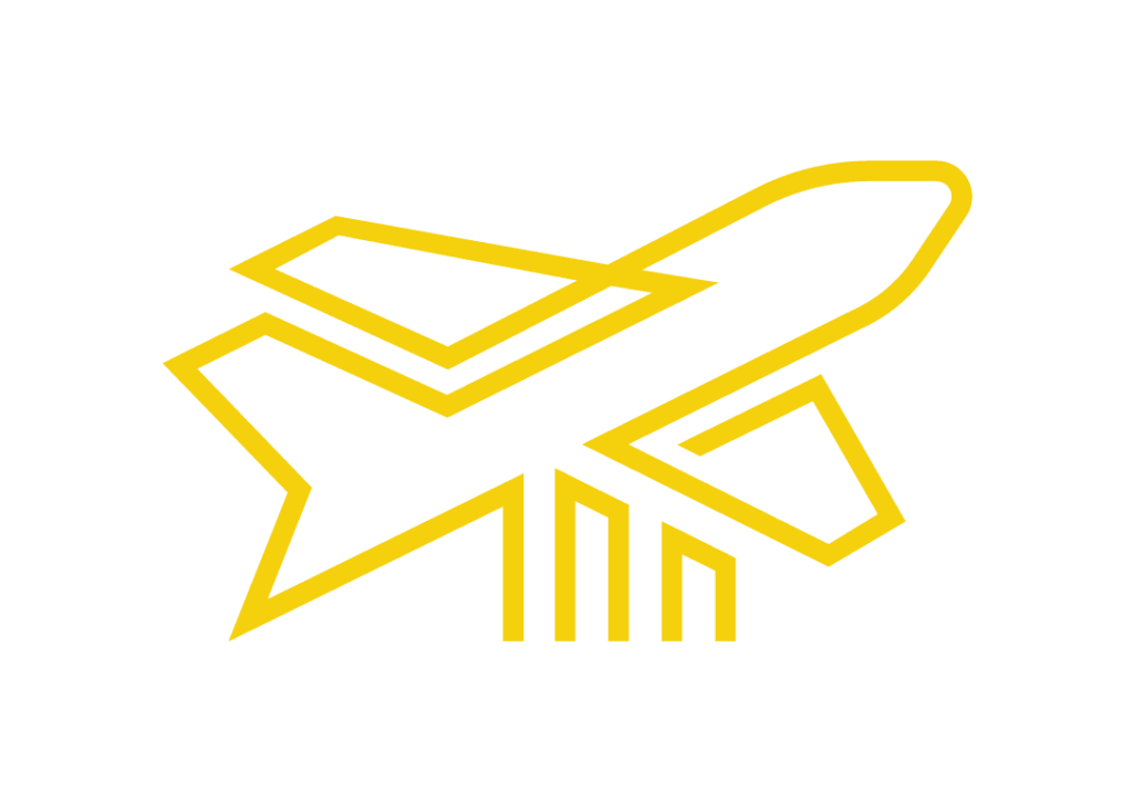 Logoelement Flugzeug, gelb auf transparenten Hintergrund.