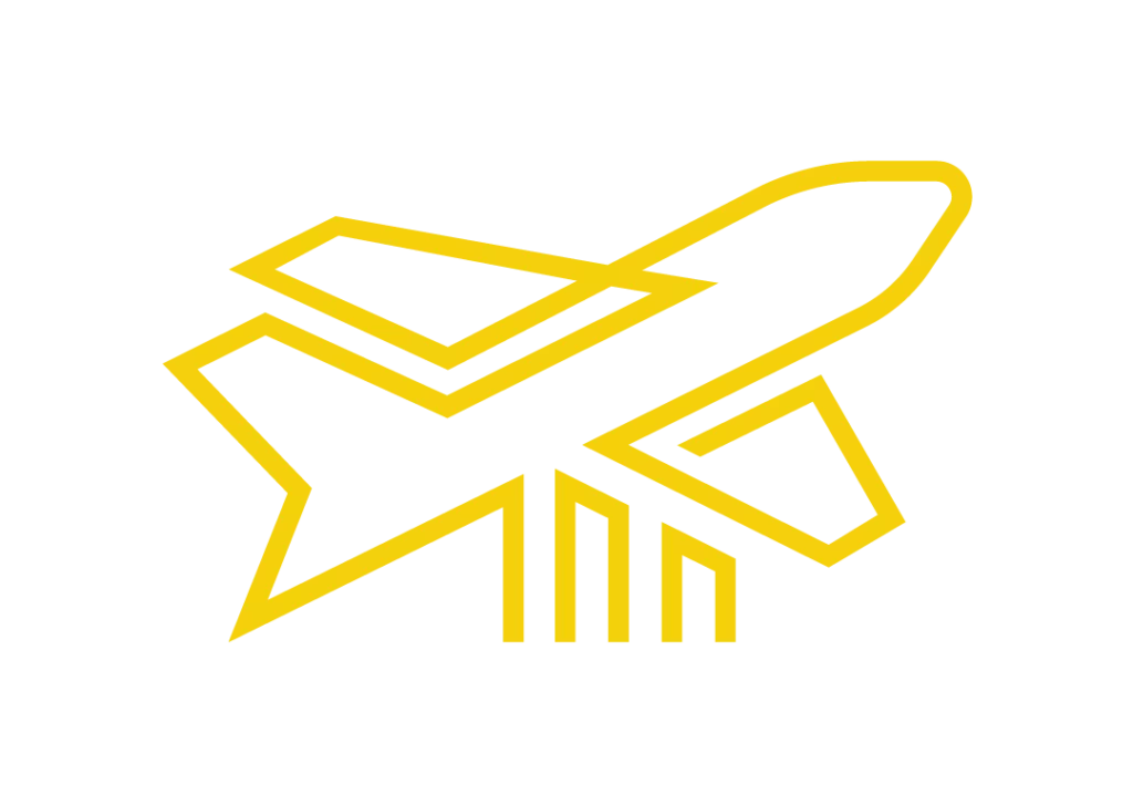 Logoelement Flugzeug, gelb auf transparenten Hintergrund.