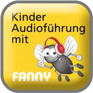 Button mit einer Comic-Fliege namens Fanny, die rote Kopfhörer trägt, auf gelbem Hintergrund. Verweist auf die Audioführung für Kinder.